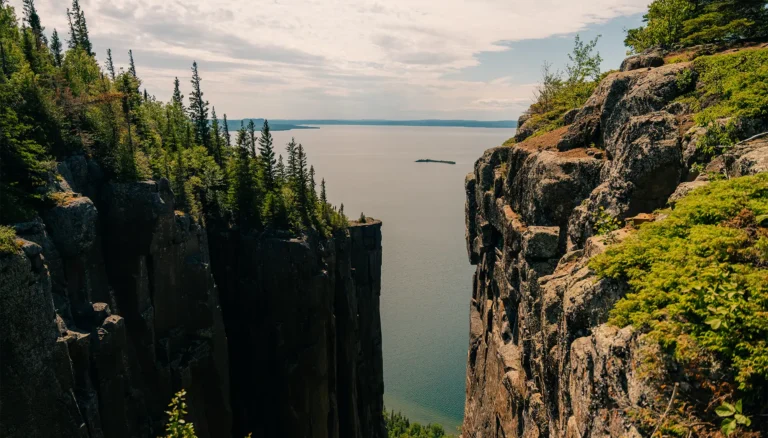 A steep rocky cliff rises against a clear blue sky